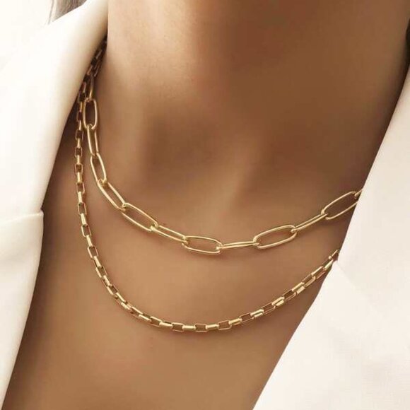 18K Gold Filled Paperclip & Box Chain Necklace Set (14.96 + 1.97, 17.72 + 1.97 ) - Picture 1 of 4